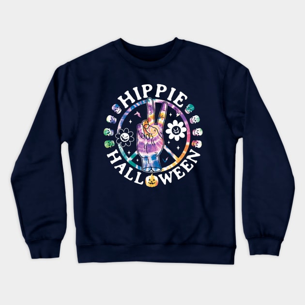 Hippie Halloween - Tie Dye Halloween Retro Groovy Flower Peace sign Crewneck Sweatshirt by OrangeMonkeyArt